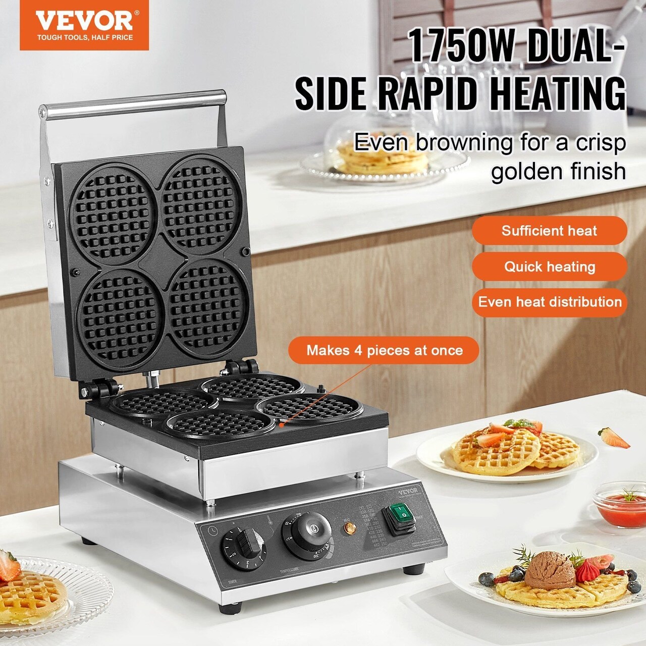 VEVOR-17.92" x 14.18"-Silver-High-Power Commercial Waffle Maker for Delicious Breakfasts-1 Piece
